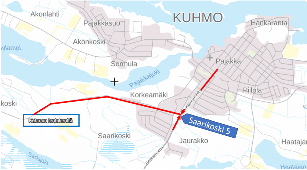 Kartta lentokentälle Kuhmon keskustasta